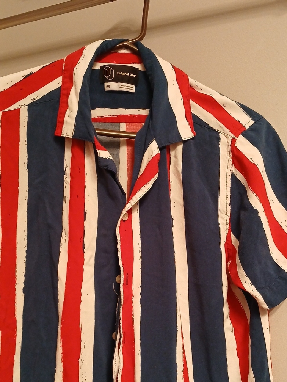 Original Use Red, White, Blue Vertical Striped Men's Button-Up Shirt